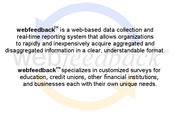 webfeedback(TM)is a web-based survey data collection and real-time reporting system that allows organizations to rapidly and inexpensively acquire aggregated and disaggregated information in a clear, understandable format. We specialize in customized surveys for financial institutions and credit unions, businesses and resorts, and education/training institutions, each with their own unique needs.
